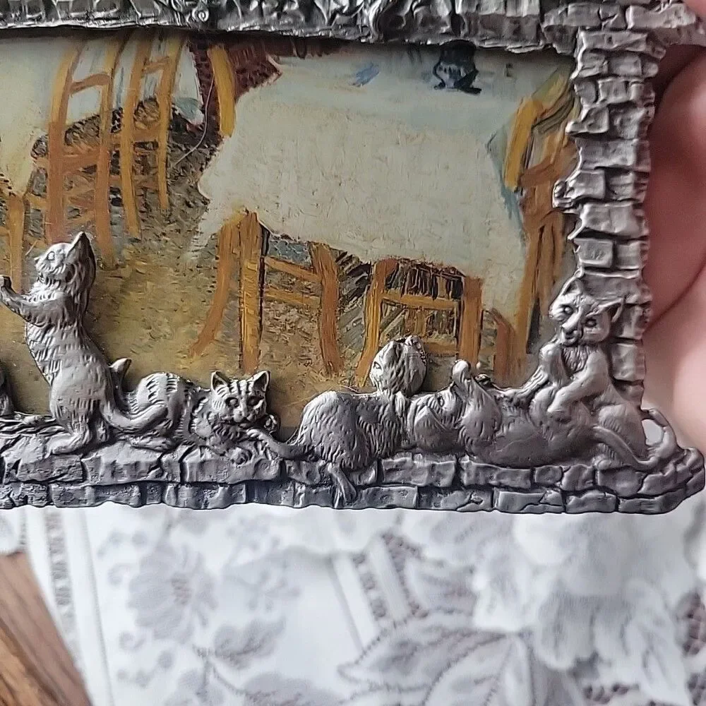 Vtg Mini Pewter Metal Picture Frame W/Cats Holds 3.5X5